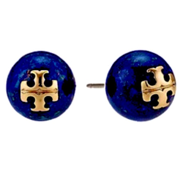 Tory Burch Jewelry - Tory Burch gold logo navy blue pearl earrings